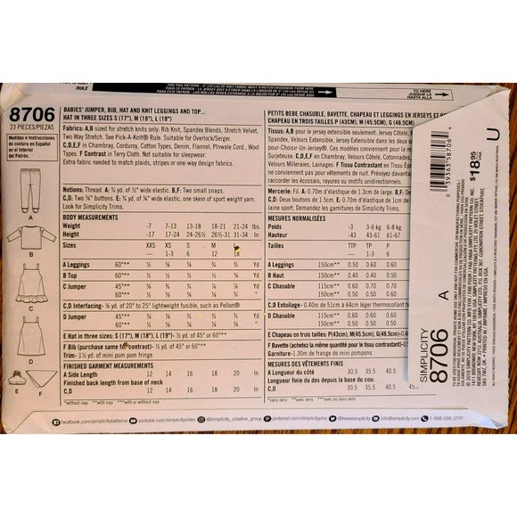 Simplicity 8706 Baby Gear - Jumper, Leggings, Bib, Ruffle Top, Pom Pom Hat XXS-L - Picture 3 of 4